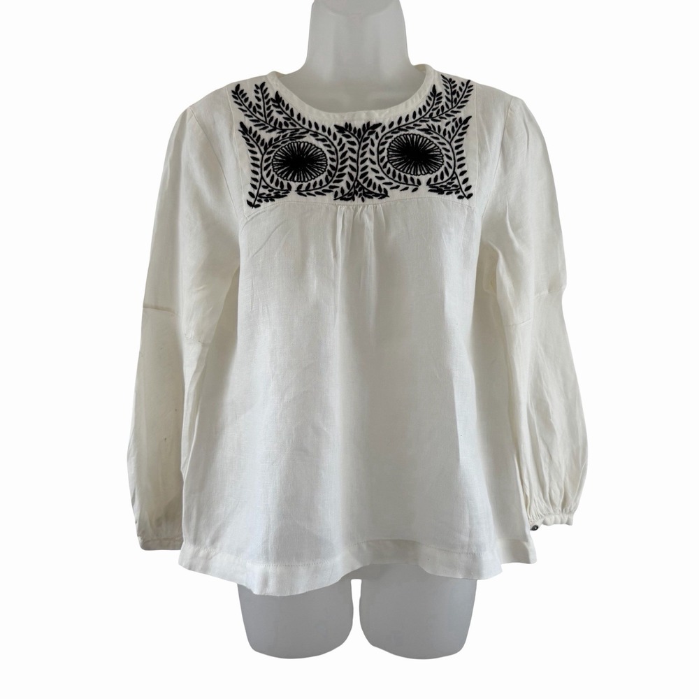 Casilda Mut Blouse Womens Small White Linen Embroidered Boho Long Sleeve Top